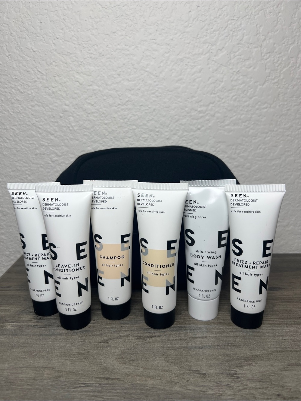 Seen Shampoo, Conditioner, Body Wash, (2) Frizz Repair & Leave in Bundle